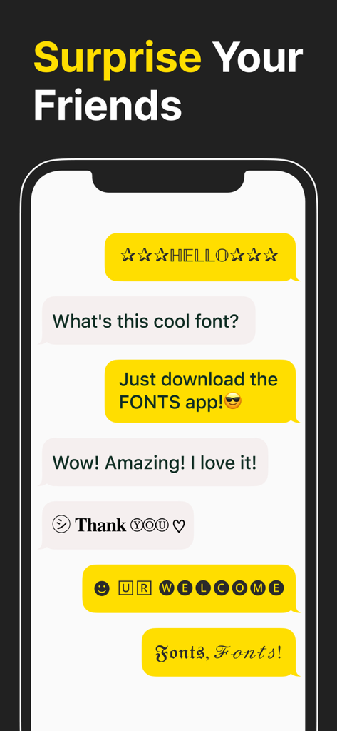 Tela de smartphone mostrando uma conversa de mensagem de texto usando várias fontes e símbolos decorativos para surpreender amigos.