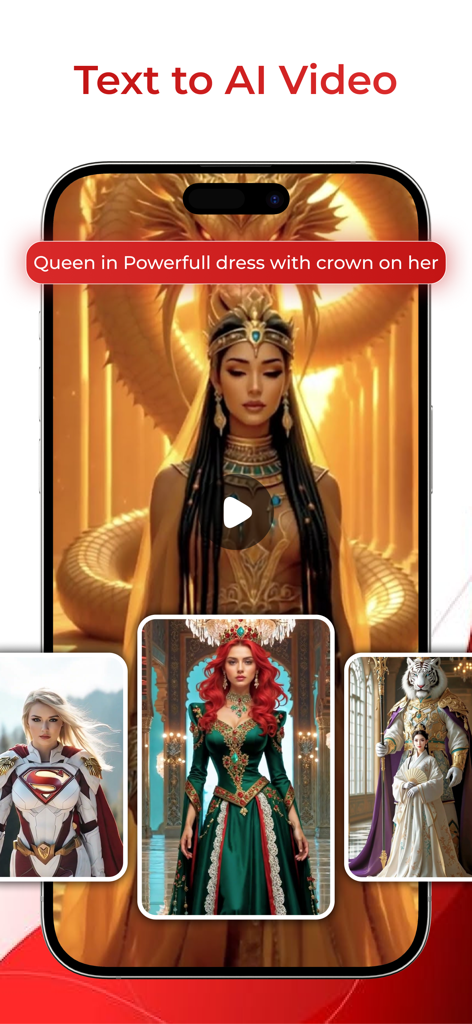 AI Video Generator : AI Videos - Una pantalla de smartphone que muestra la aplicación Generador de Vídeo IA creando un vídeo cinematográfico de una reina a partir de una indicación de texto