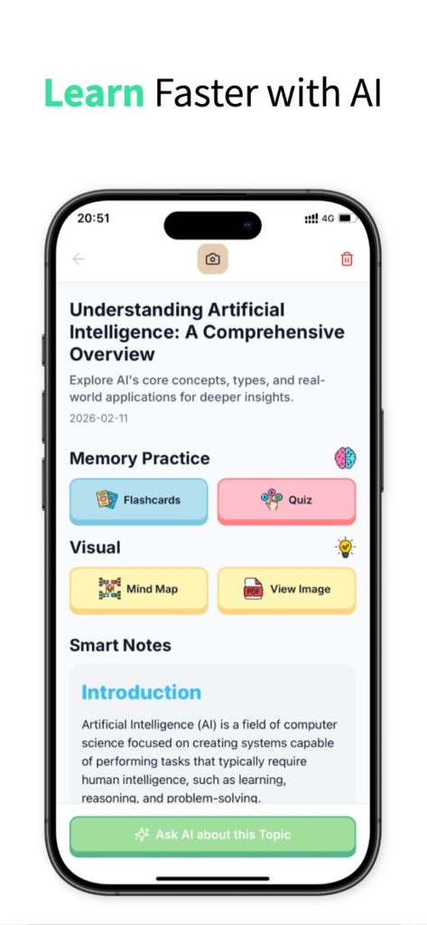 Growi: AI Productivity-Growth - Interface de l'application Growi montrant les fonctionnalités d'apprentissage de l'IA, y compris les cartes mémoire et les notes intelligentes