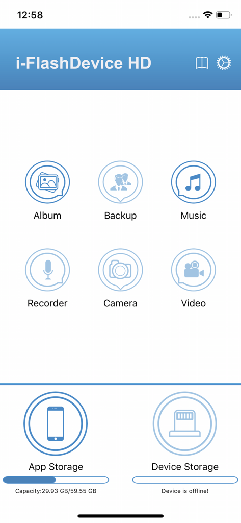 i-FlashDevice HD - ストレージの状態や、「アルバムバックアップ」や「ミュージック」などのファイル管理アイコンが表示されたiFlashDevice HDアプリのメインダッシュボード。