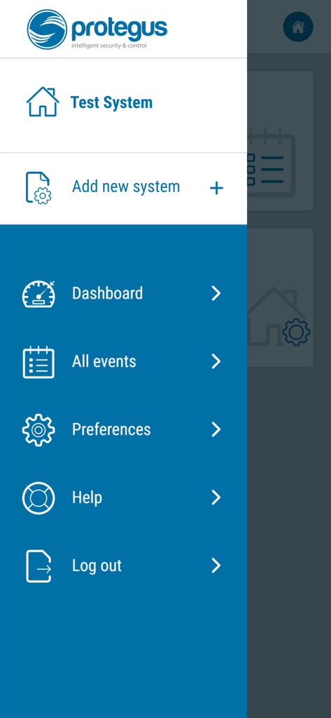 Protegus Smart Security - The navigation menu of the Protegus Smart Security app displaying options like Dashboard, Events, and Preferences.