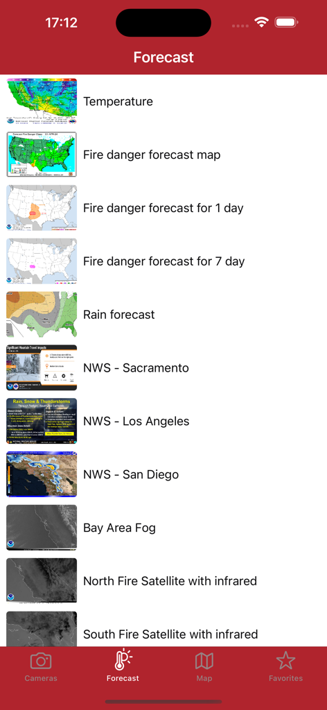 Schermata delle previsioni dell'app California Fire Cams che mostra un elenco di mappe di pericolo incendi e meteo