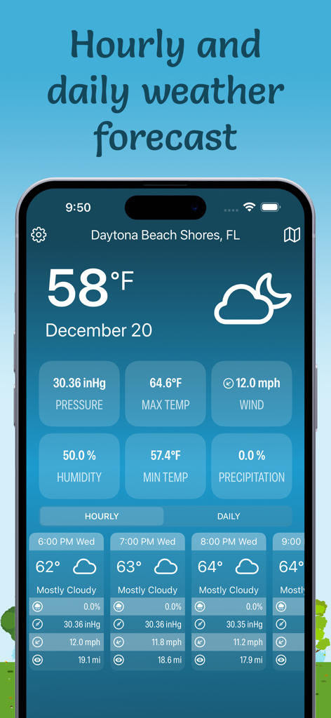 Fishing & Hunting Solunar Time - Hourly and daily weather forecast screen for Fishing and Hunting app showing temperature and pressure data for Daytona Beach Shores Florida