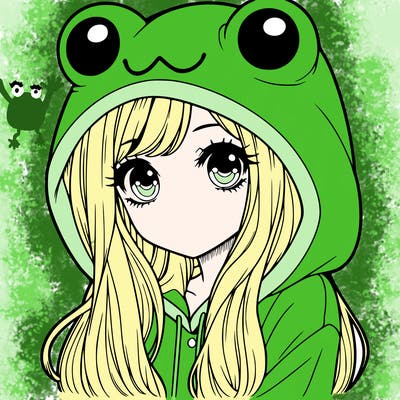 a pretty girl wearing a frog hoodie portrait with long hair