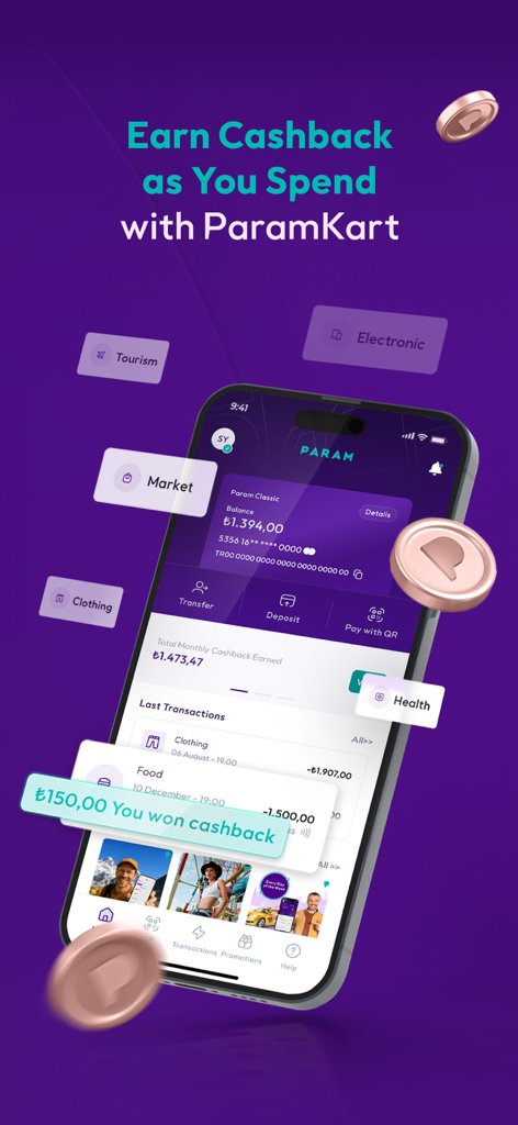 Param: Receive & Spend Money - Smartphone displaying the Param app interface highlighting cashback rewards and financial management features in Turkish Lira