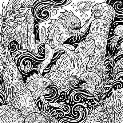 Explore the chilling depths with this intricate Eldritch Deep Ones coloring page, straight from the haunting lore of the Cthulhu Mythos. Encounter ancient abominations emerging from swirling waters and submerged ruins, ready for your creative touch.