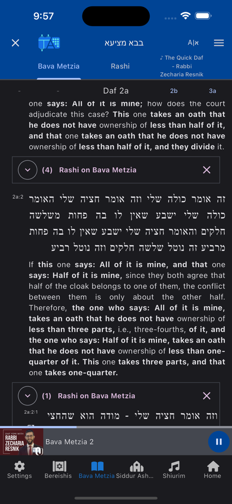 Oberfläche der TorahApp, die Gemara-Text aus Bava Metzia mit englischer Übersetzung und einem Audio-Schiur-Player anzeigt