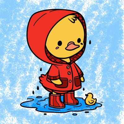 baby duck in a rain coat and boots, in a puddle while it’s raining