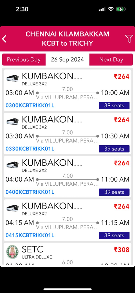 TNSTC - Bus search results on the TNSTC app showing schedules and prices from Chennai to Trichy