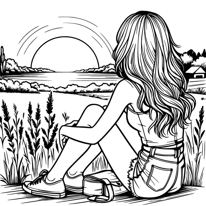 realistic girl sitting and watching the sunset