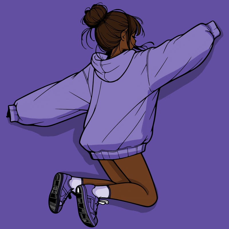 realistic girl jumping with a bun and oversized sweatshirt