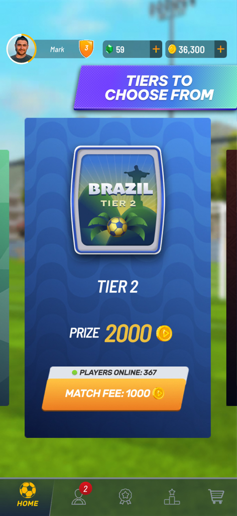 Football World : Online Soccer - Football World Spielmenü, das die Auswahl der Brasilien-Tier-2-Spiele mit Eintrittsgebühr und Preisinformationen anzeigt.