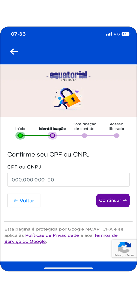 Equatorial Energia - ユーザーがセキュリティ確認のためにCPFまたはCNPJを入力するEquatorial Energiaアプリの識別画面