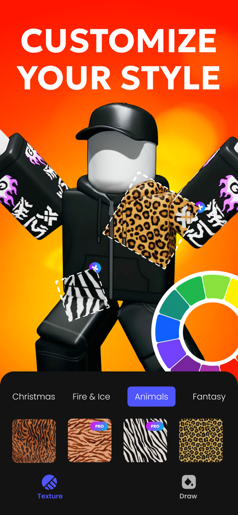 Skin Creator & Editor: Avablox - Interface of Avablox skin editor showing animal print textures and 3D avatar customization