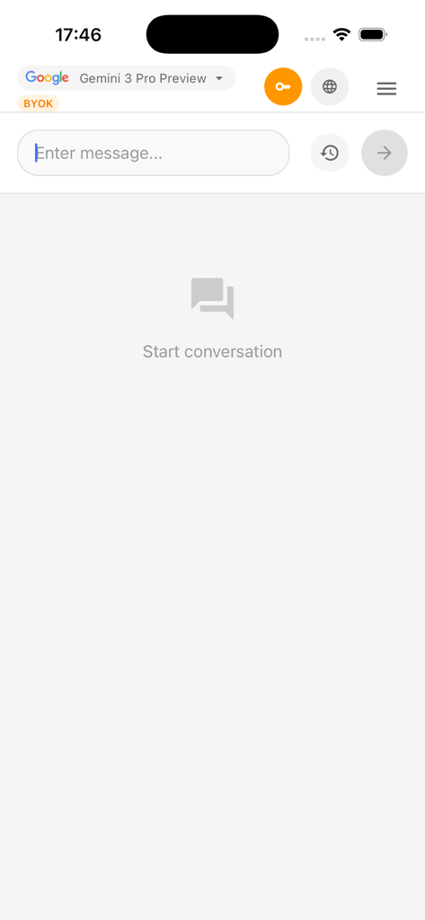 Chat interface of GG AI Chat app featuring the start conversation screen and Gemini AI model selection.