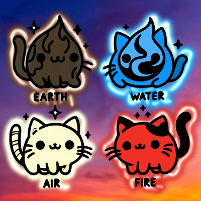 4 cats that represent the different elements, earth, water, air, and fire