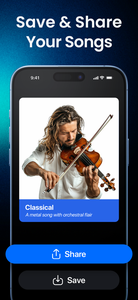 Interface of Shoom AI music app showing buttons to save and share a generated classical song.