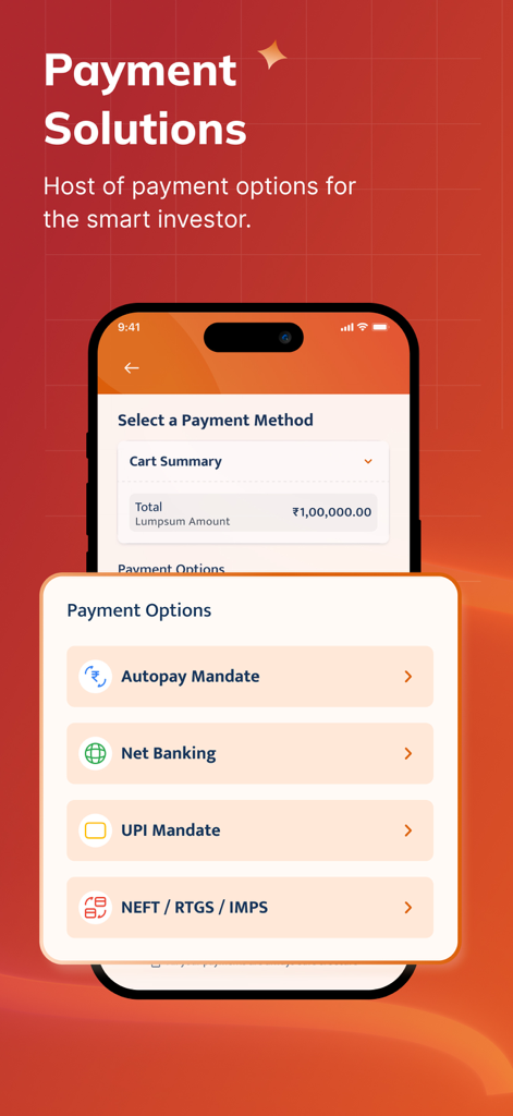 i-Invest iPru - Mobile interface of i-Invest iPru app displaying multiple payment options including UPI Net Banking and Autopay Mandate for mutual fund investments.
