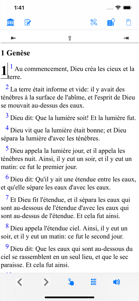 La Bible(Louis Segond 1910) - French Bible app reading interface showing Genesis chapter one
