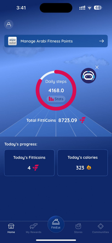 FittiCoin app dashboard displaying daily step count and earned fitness coins.