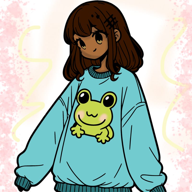 girl wearing frogging sweatshirt