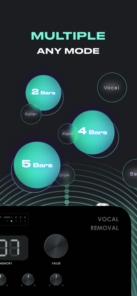 Music Remover: Audio Separator - Interface of Music Remover app showing various AI audio separation modes including vocals and instruments