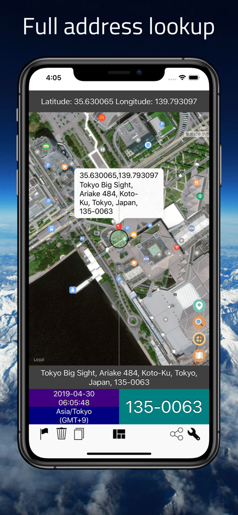 AddressFinder - Zipcode Lookup - A satellite map view in the AddressFinder app showing a precise location pin with full address and zip code details