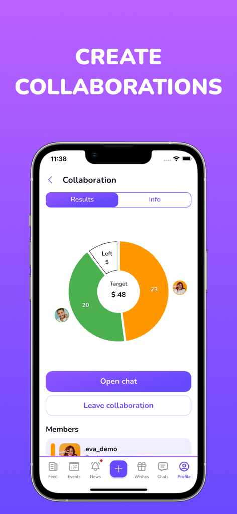 Interfaz de la app WishSpace que muestra una colaboración de regalos grupales con un gráfico de progreso que rastrea las contribuciones de los miembros.