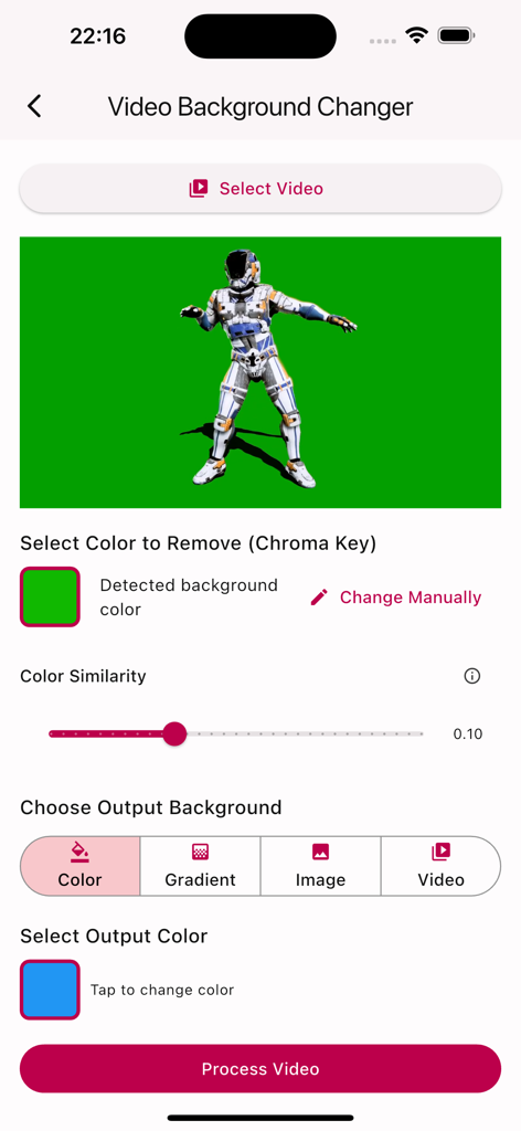 Green Screen Video Editor - グリーン背景動画編集アプリのインターフェース。クロマキー背景削除と出力オプションが表示されています。