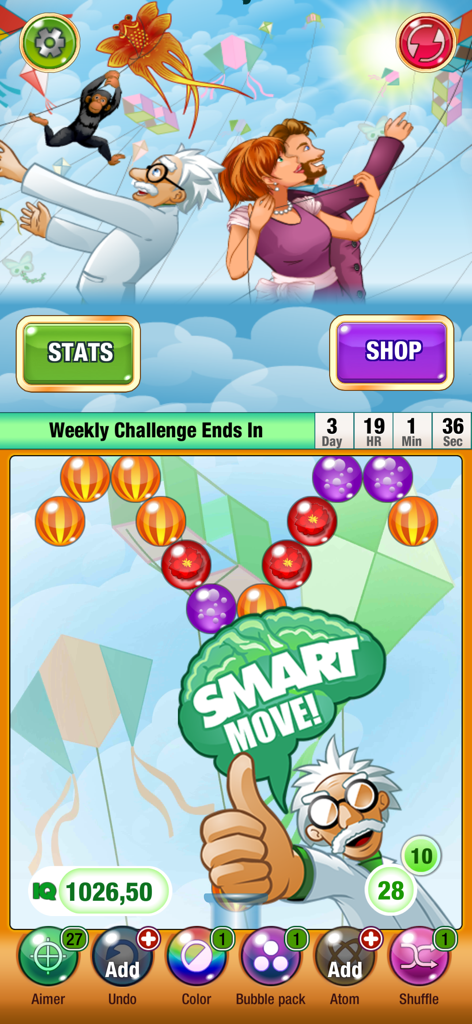 Bubbles IQ - Gameplay of Bubbles IQ showing a bubble shooter screen with a scientist character celebrating a smart move.