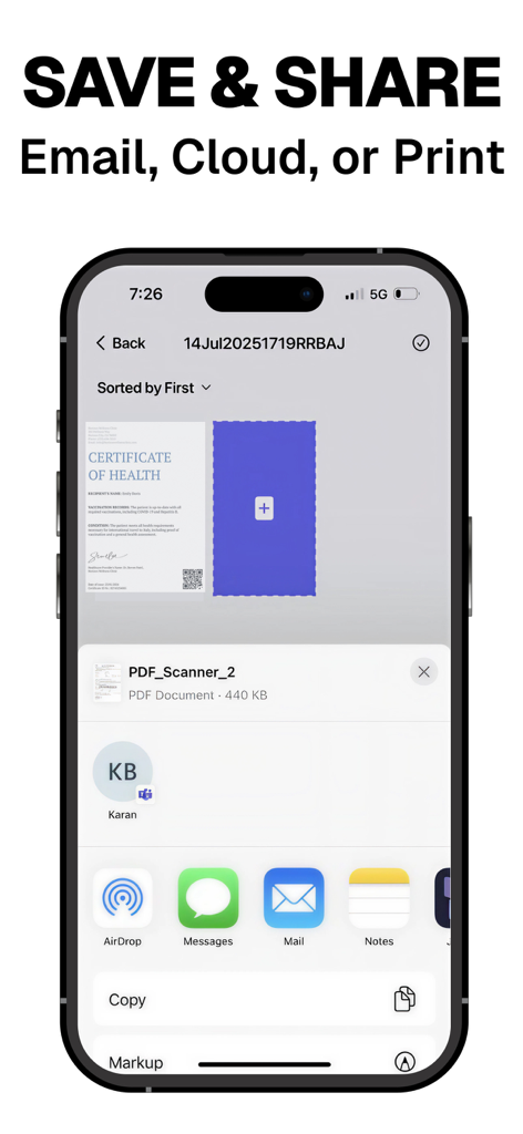 PDF Scanner ~ Scan Document - A mobile app screen showing options to save and share a scanned PDF document via email cloud or printing