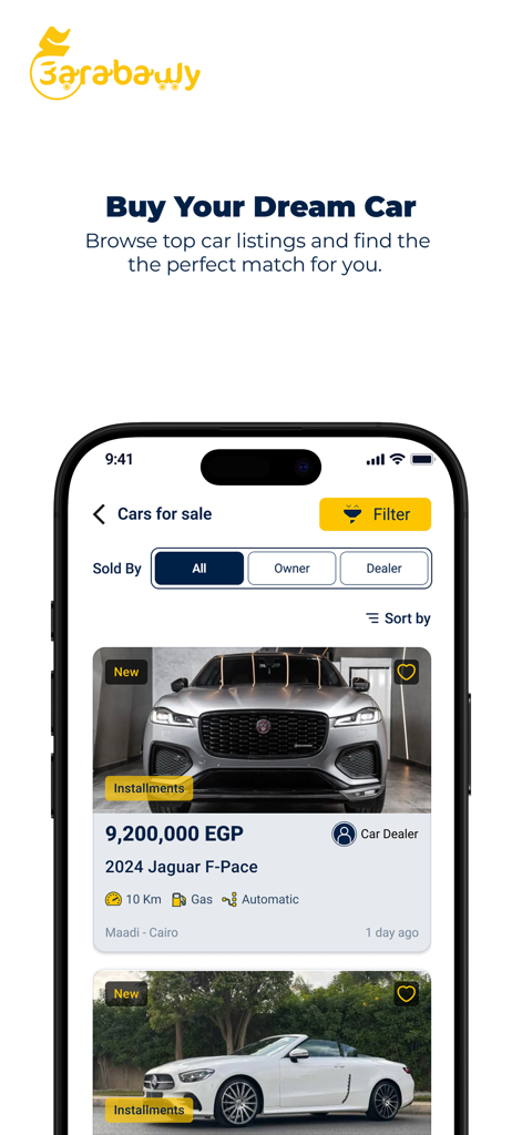 3arabawy: Buy & Sell Cars - エジプトで販売されている車のリストを表示するモバイルアプリ画面。価格（EGP）付きのJaguar F-Paceを含む