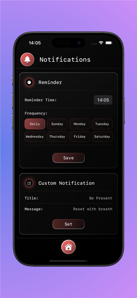 BreatheX – Breathing Exercises - BreatheX app interface showing daily breathing reminders and custom notification settings