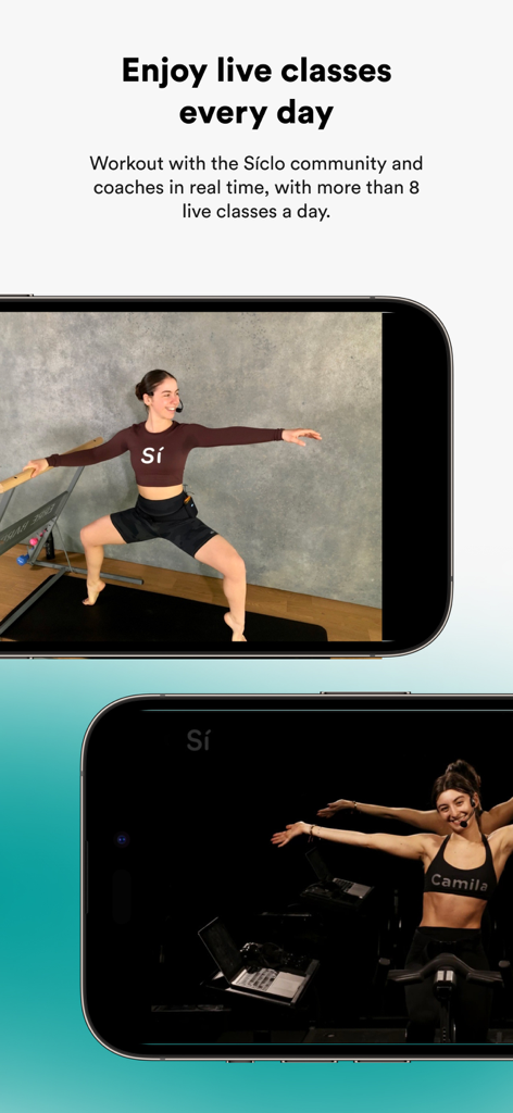 Two smartphones displaying live barre and indoor cycling workout sessions on the Siclo app