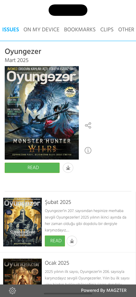 Digital library view of Oyungezer magazine showing monthly issues for reading and download