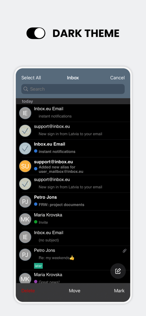 inbox.eu - Inbox.eu app interface showing an email list in dark theme.