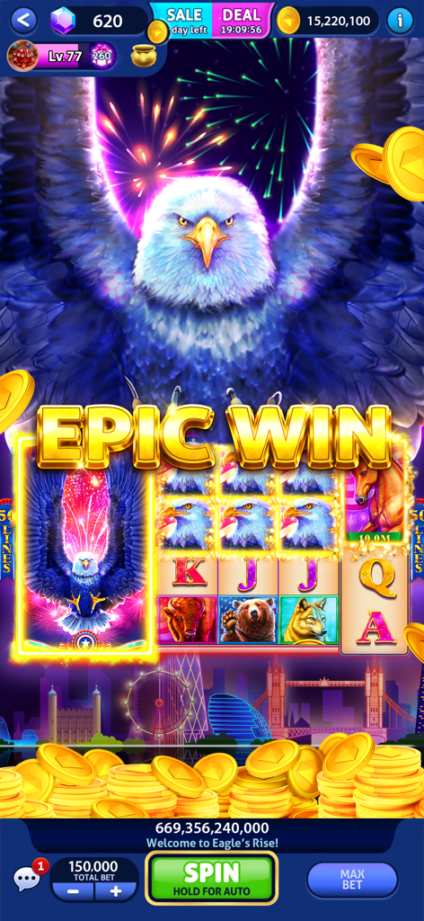 Cash Billionaire casino games - Una pantalla de Victoria Épica en el juego de máquinas tragamonedas Cash Billionaire con un majestuoso águila y pilas de monedas de oro.