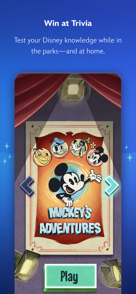 Play Disney Parks - Capture d'écran de la fonction quiz de l'application Play Disney Parks montrant une carte de jeu Mickey Adventures avec Mickey et ses amis