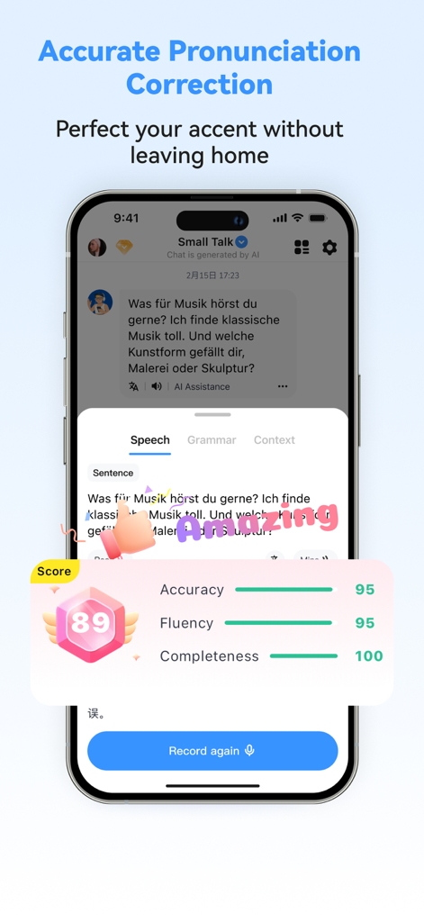 Tela de análise de pronúncia do tutor de alemão por IA mostrando pontuações de fluência e precisão