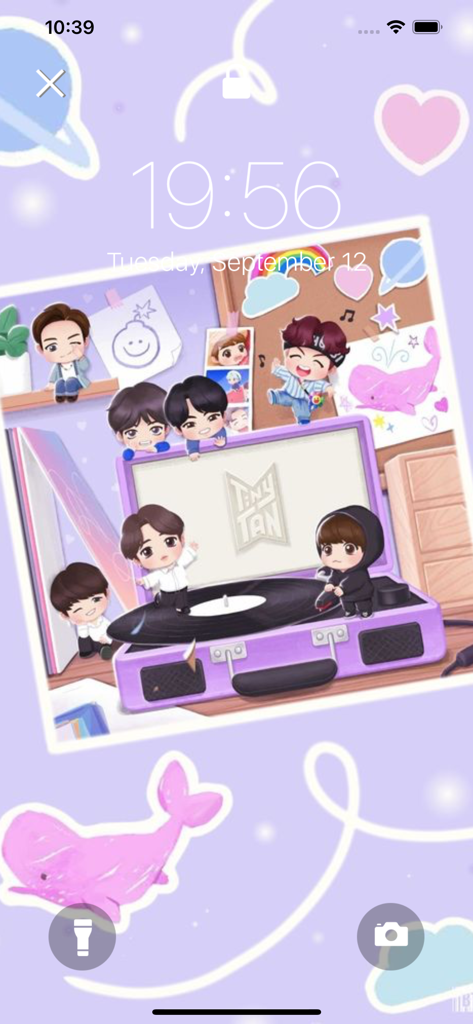 Cute BTS Live Wallpapers HD - Cute TinyTAN BTS cartoon characters on a purple record player phone wallpaper