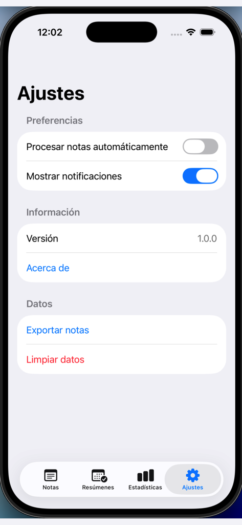 intelli note - Settings menu of the intelli note mobile app featuring notification and data export options.