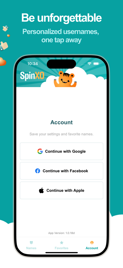 SpinXO Username Generator - Schermata di accesso all'app SpinXO Username Generator che mostra opzioni di accesso tramite social per Google, Facebook e Apple