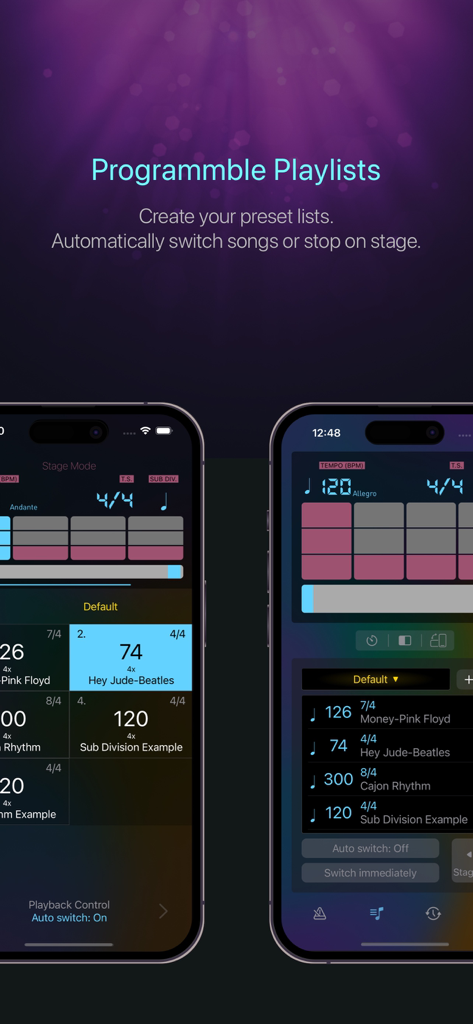 Pro Metronome - Tempo & Tuner - Pro Metronome 앱 인터페이스가 라이브 공연을 위한 프로그래밍 가능한 플레이리스트와 스테이지 모드 기능을 보여줍니다.