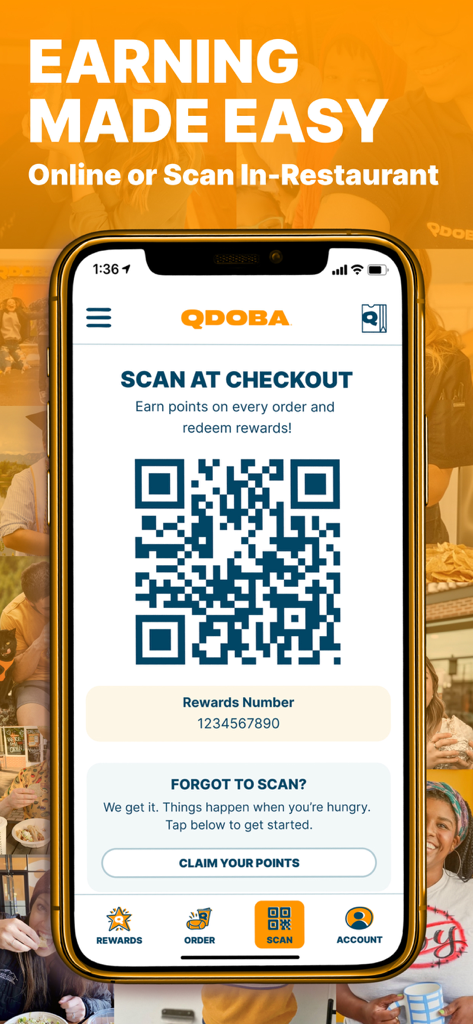 Pantalla de recompensas de la aplicación Qdoba con un código QR para escanear en la caja y obtener puntos.