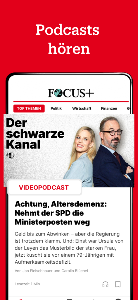 Interfaz de la aplicación FOCUS plus que muestra la función de podcast de video con noticias políticas alemanas