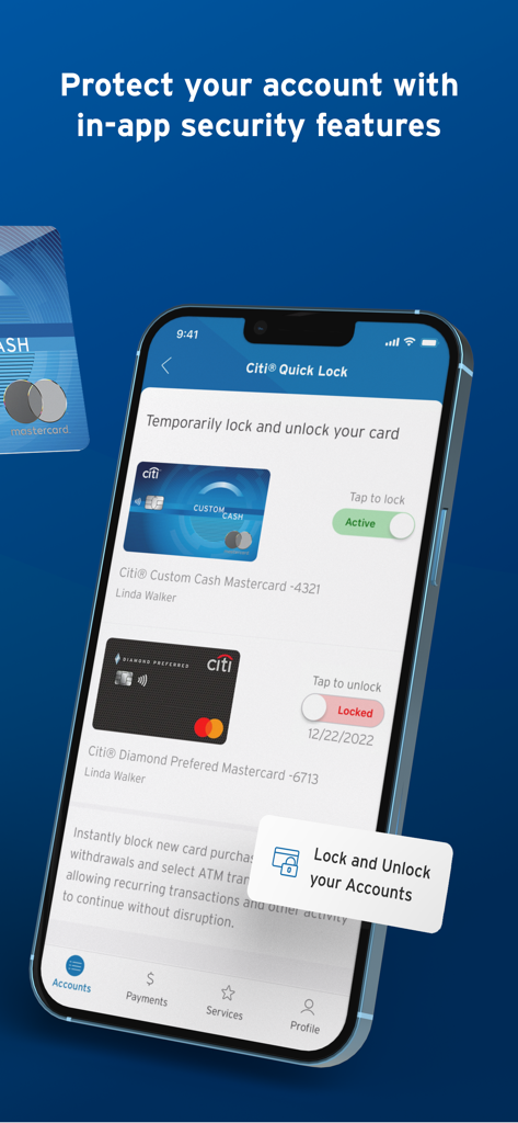 Citi Mobile app interface showing the Quick Lock feature for managing credit card security