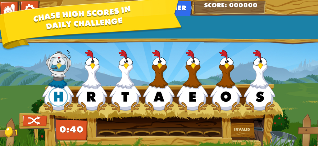 Daily challenge mode in Chicktionary word game featuring seven chickens with letters on a farm.