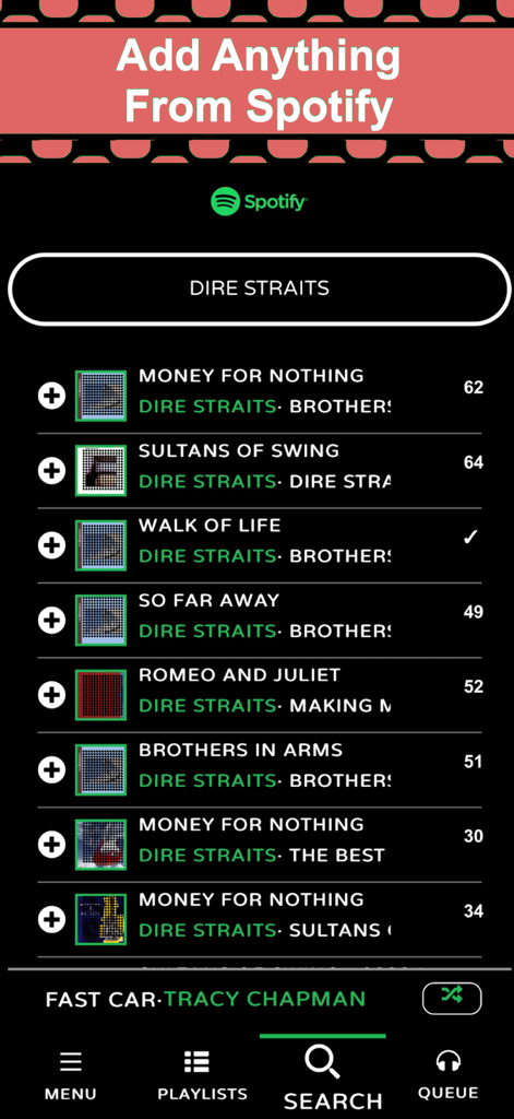 Jukebox App Suchbildschirm zeigt Spotify-Songergebnisse für Dire Straits mit Optionen zum Hinzufügen zu einer Playlist