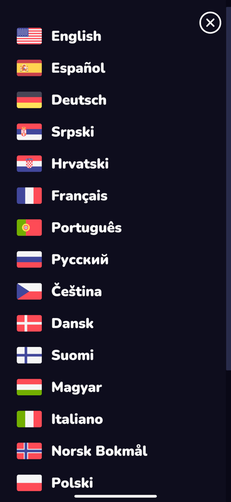 Red Pill or Blue Pill - Pantalla de selección de idioma en la aplicación Red Pill or Blue Pill mostrando varios idiomas admitidos con iconos de bandera.