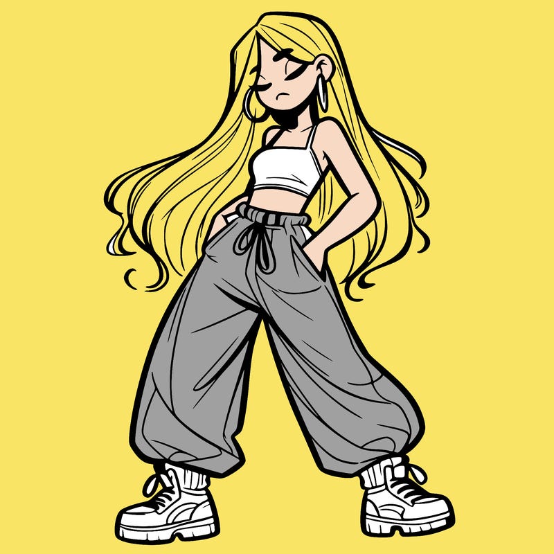 girl in baggy pants crop top and long hair